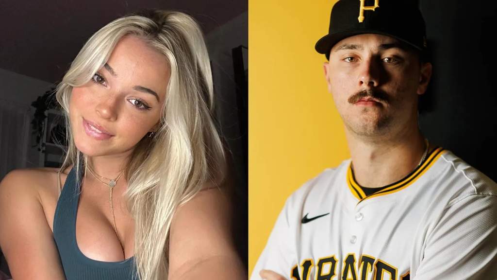 Bintang Pittsburgh Pirates Paul Skenes saat melempar bola di lapangan dan Olivia Dunne yang berada di tribun penonton.