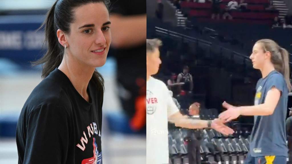 Pebasket Indiana Fever Caitlin Clark tersenyum hangat saat berada di lapangan dalam sesi pemanasan sebelum pertandingan WNBA.