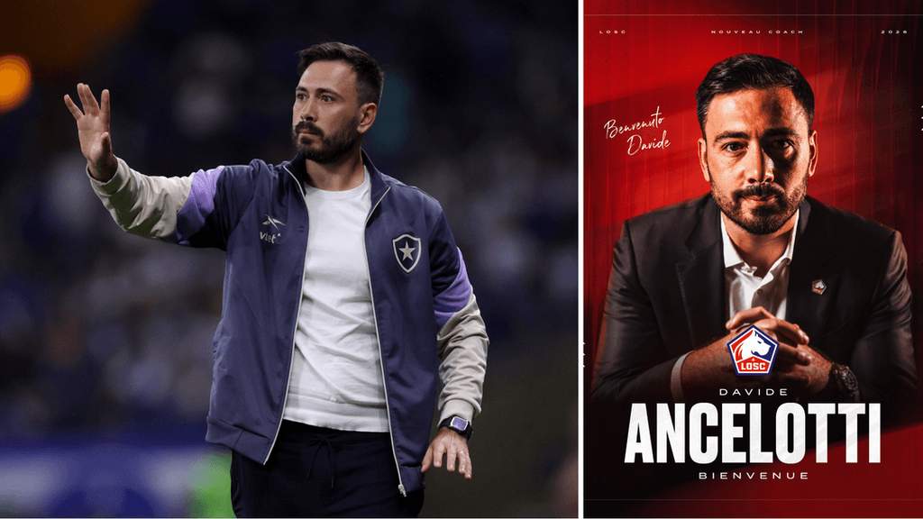 Potret Davide Ancelotti saat diperkenalkan sebagai pelatih baru LOSC Lille di markas klub Prancis dengan latar belakang logo klub.