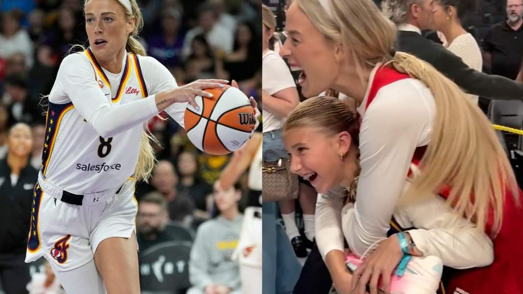 Sophie Cunningham saat menyerahkan sepatu basket yang baru saja ia kenakan kepada seorang anak perempuan di pinggir lapangan setelah pertandingan Indiana Fever.